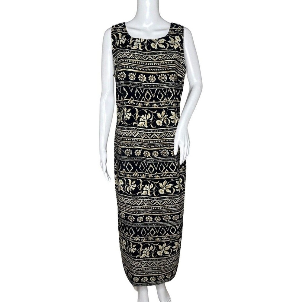 Kathie Lee Collection Maxi Dress Womens 10 Black Floral Geometric Sleeveless 90s - Picture 1 of 10
